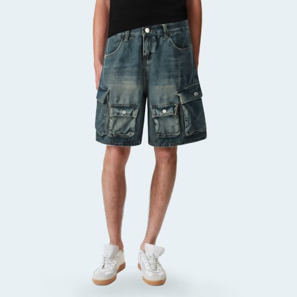 Summer multi-pocket straight-leg men's denim shorts
