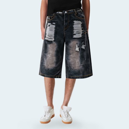 Washed ripped wide-leg men's denim shorts