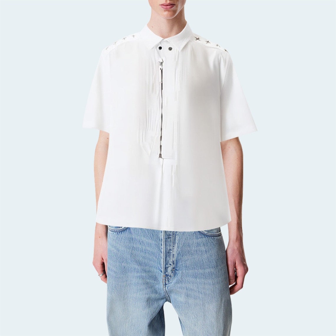 Fashionable white metal zipper men's short sleeve shirt
