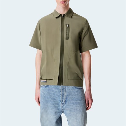 High quality green zipper men's short sleeve shirt