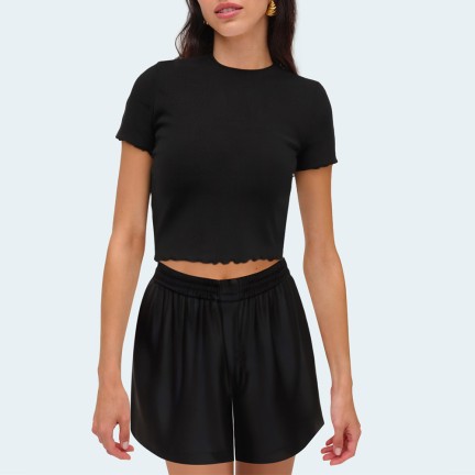 Black silky elastic waist women's shorts