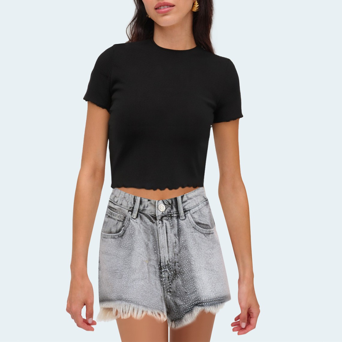 Gray rhinestone raw edge women's denim shorts