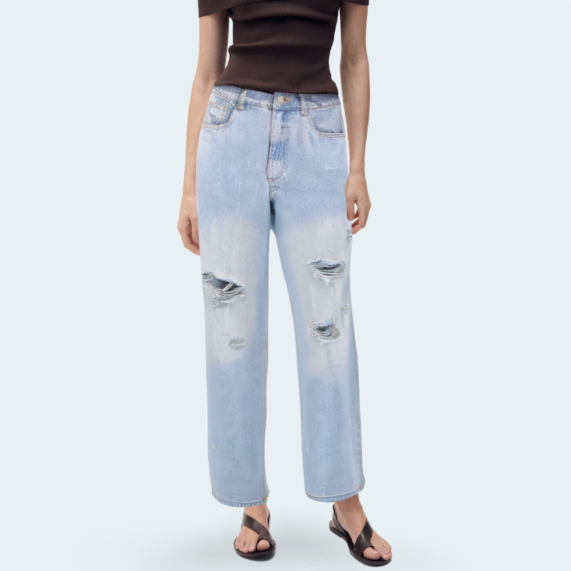 Women's ripped high-waisted loose denim trousers