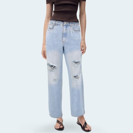 Women's ripped high-waisted loose denim trousers