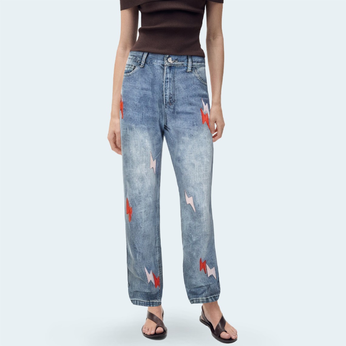 Lightning embroidered straight-leg women's denim trousers