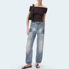 Retro washed straight leg women's denim trousers