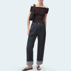 Dark blue curled loose denim trousers for women