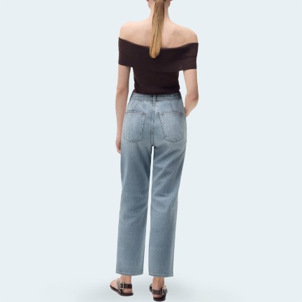 High-waisted light blue wide-leg women's denim trousers