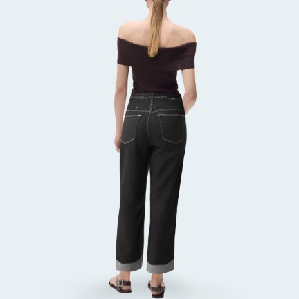 Black straight-leg rolled-hem women's denim trousers